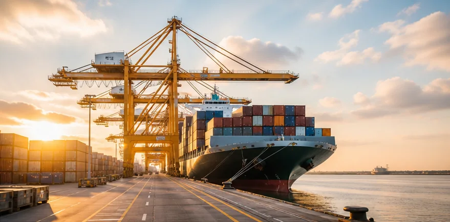 Container vessel and cranes at an international freight terminal