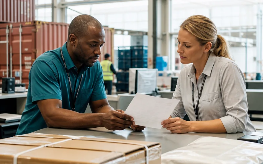 Operations specialists reviewing customs and shipping documents