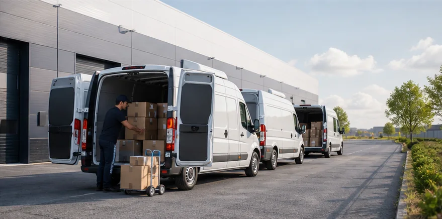 Last-mile delivery fleet loading at a distribution hub