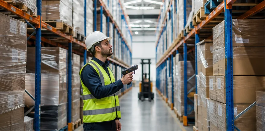 Warehouse specialist reviewing inventory in a modern storage aisle