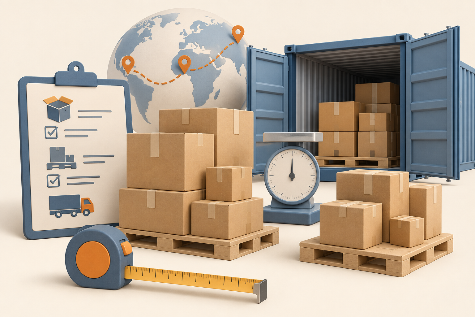 Palletized cartons with a scale and measuring tape for cargo suitability checks.