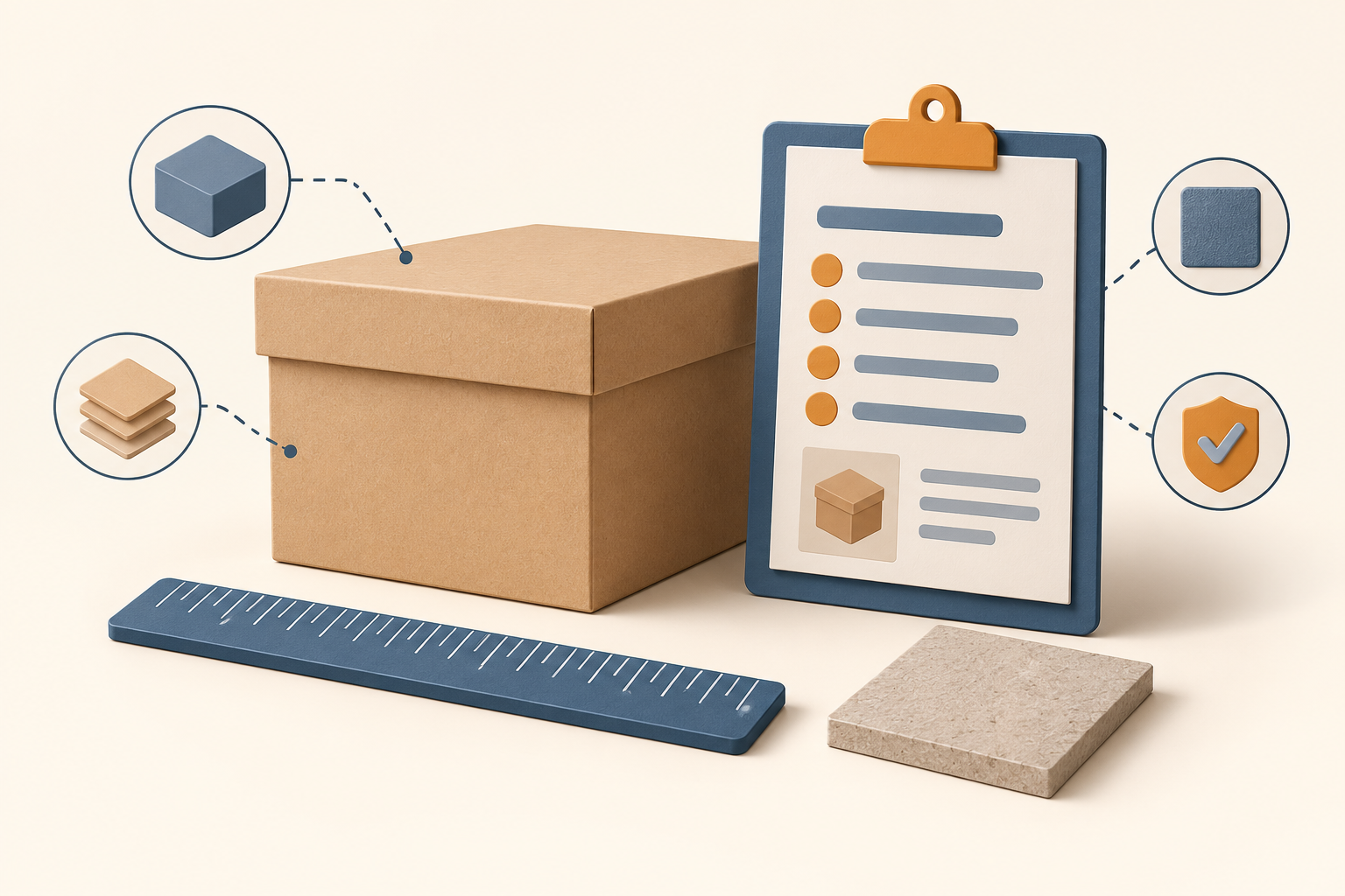 A storage box, ruler, material sample and clipboard illustrating a clear product specification.