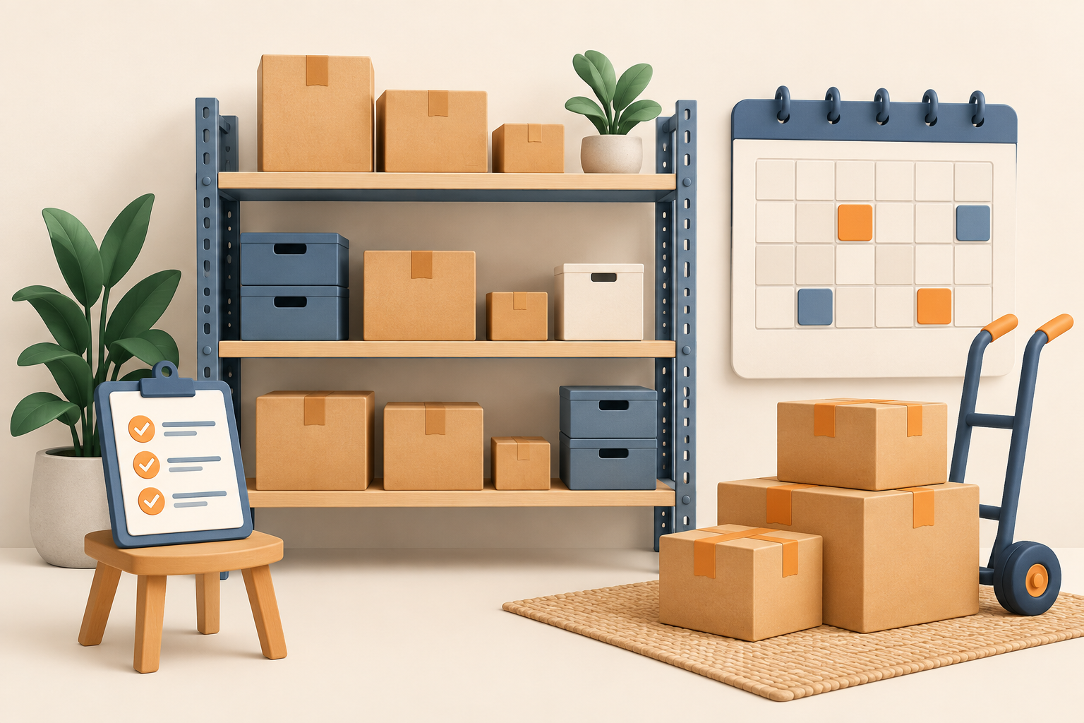 An organized stockroom and calendar representing inventory and delivery planning.