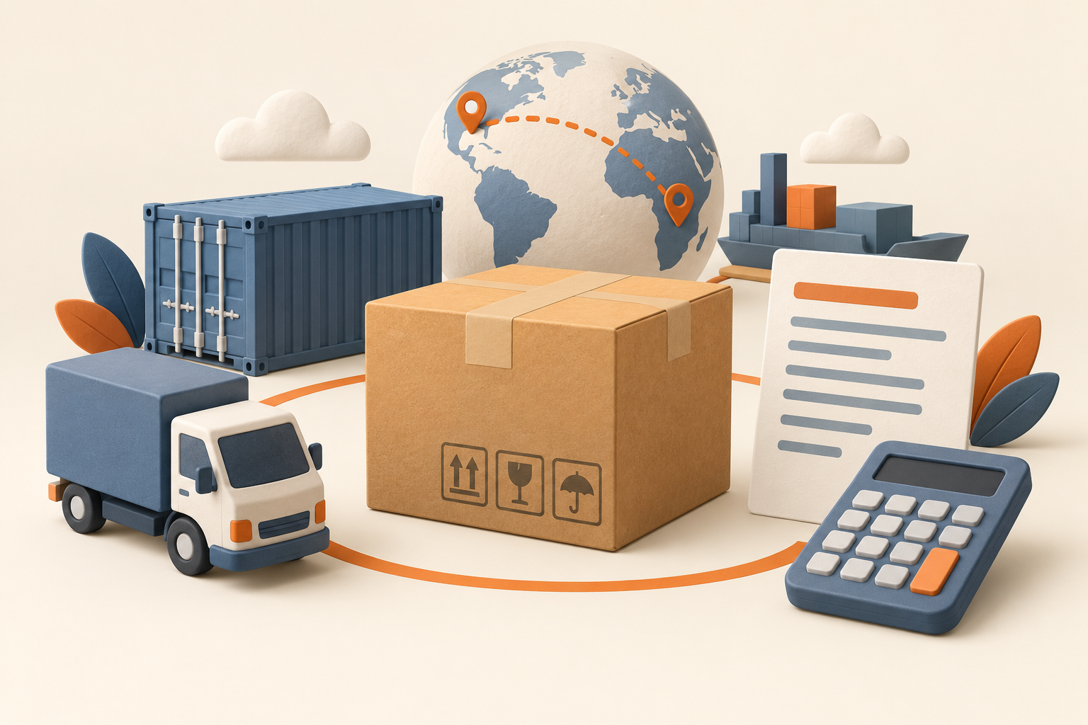 A carton, truck, shipping container and calculator representing total delivered cost.
