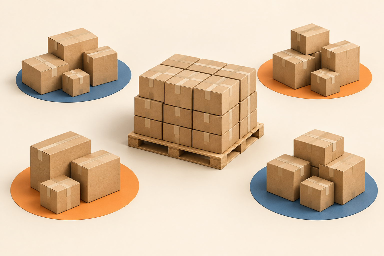 Several smaller groups of cartons arranged around a shared supplier pallet.
