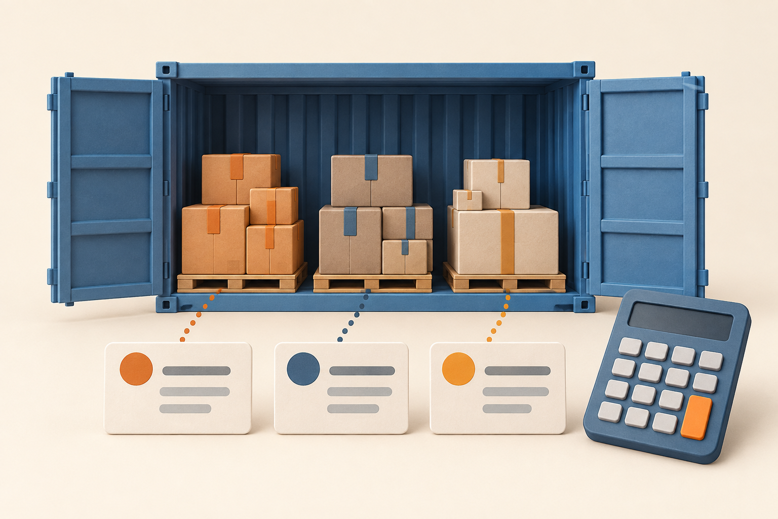 Separate cargo groups in a shared container with quote cards and a calculator.