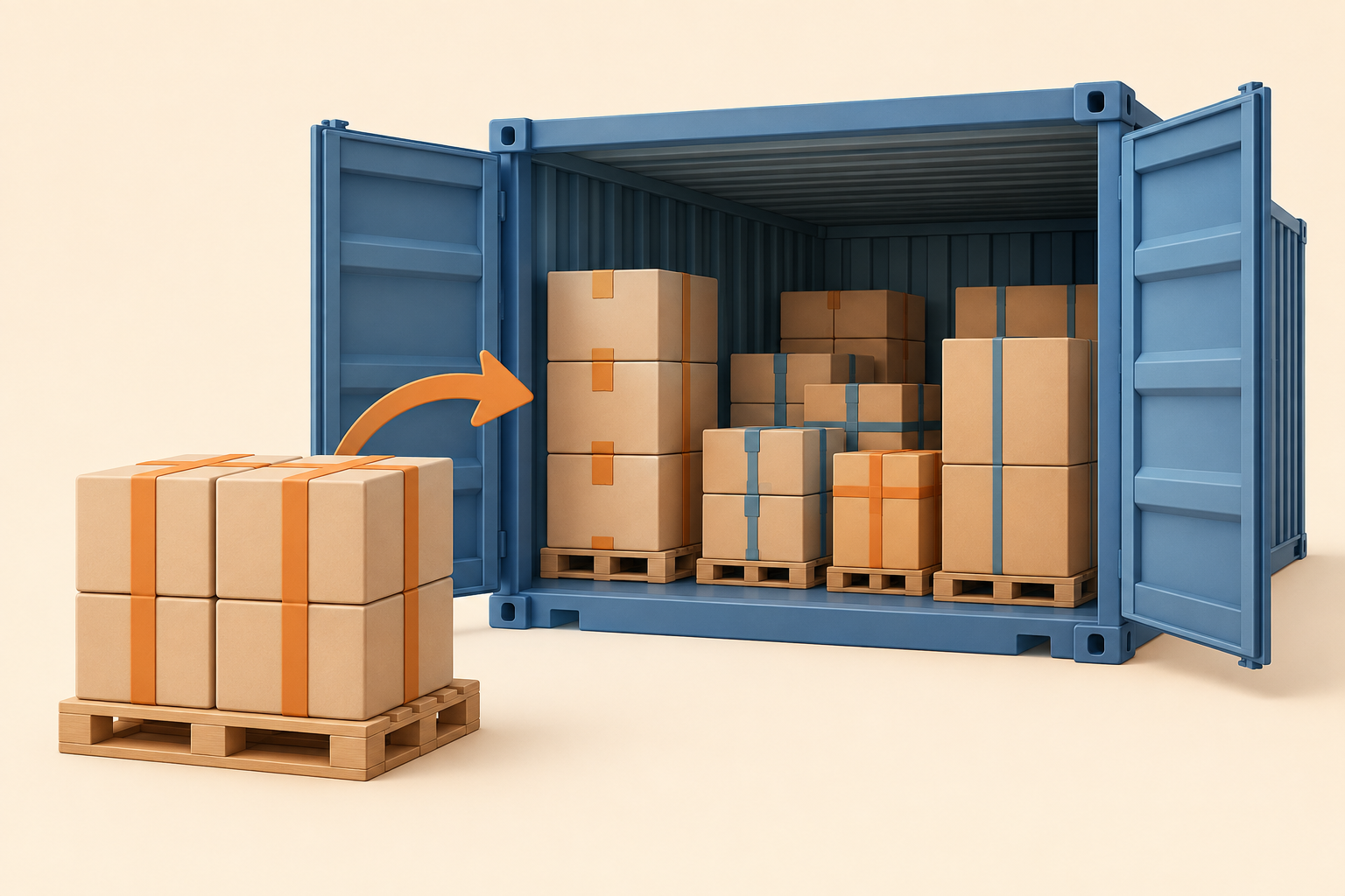 A small pallet of cartons beside a container holding other separate cargo groups.