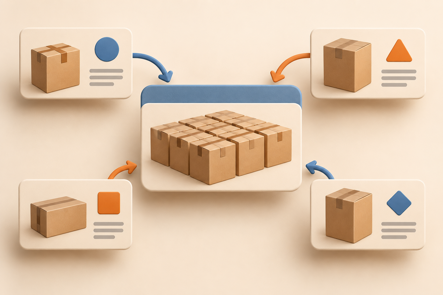 Individual buyer requirement cards surrounding a combined compatible product need.