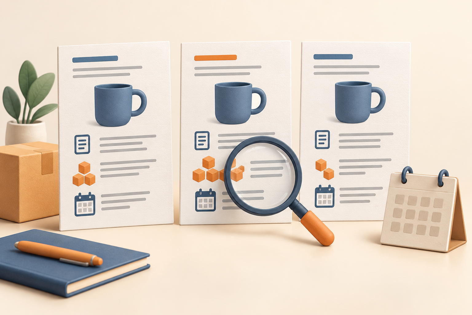 Comparable supplier proposal sheets with product details, a calendar and a magnifying glass.