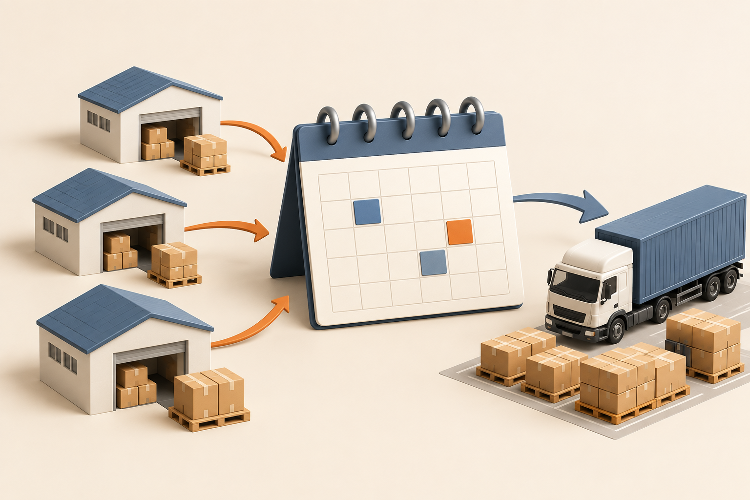 Supplier warehouses and a calendar coordinating cargo for a shared departure.